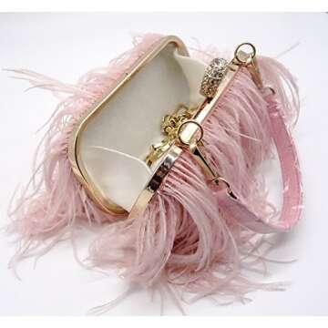 Zakia Real Natural Ostrich Feather Evening Clutch Shoulder Bag Party Bag (A-Pink)