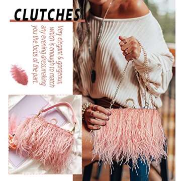 Zakia Real Natural Ostrich Feather Evening Clutch Shoulder Bag Party Bag (A-Pink)