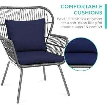 Best Choice Products 3-Piece Patio Conversation Bistro Set, Outdoor All-Weather Wicker Furniture for Porch, Backyard w/ 2 Wide Ergonomic Chairs, Cushions, Glass Top Side Table - Gray/Navy