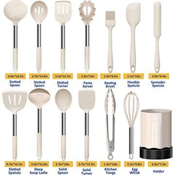 Silicone Cooking Utensil Set, Fungun Non-stick Kitchen Utensil 24 Pcs Cooking Utensils Set, Heat Resistant Cookware, Silicone Kitchen Tools Gift with Stainless Steel Handle (Khaki-24pcs) …