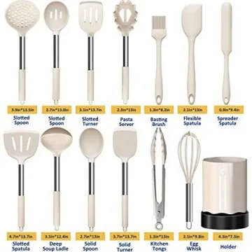 Silicone Cooking Utensil Set, Fungun Non-stick Kitchen Utensil 24 Pcs Cooking Utensils Set, Heat Resistant Cookware, Silicone Kitchen Tools Gift with Stainless Steel Handle (Khaki-24pcs) …