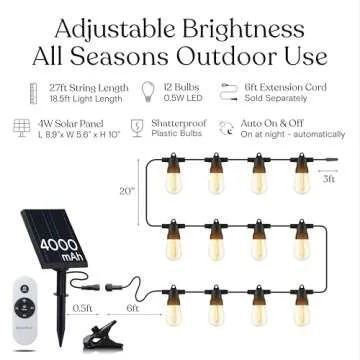 Brightech Ambience Pro Super Bright Solar - 27Ft Remote Control Outdoor String Lights with 12 Shatterproof S14 Bulbs, Commercial Grade LED, Waterproof Patio Lights, 4W Soft White for Patios, Gardens