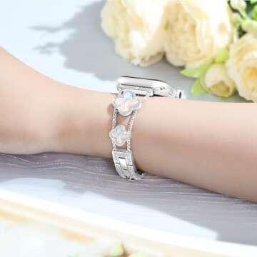 Wipalor Four-Leaf Clover Band for Apple Watch Bands 42mm 41mm 40mm 38mm, Lightweight for Women, Easy Adjustable Bracelet, Shiny Diamond Jewelry Metal Strap for iWatch Series 10 9 8 7 6 5 4 3 SE-Silver
