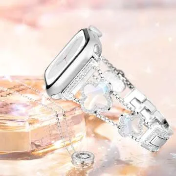 Wipalor Four-Leaf Clover Band for Apple Watch Bands 42mm 41mm 40mm 38mm, Lightweight for Women, Easy Adjustable Bracelet, Shiny Diamond Jewelry Metal Strap for iWatch Series 10 9 8 7 6 5 4 3 SE-Silver