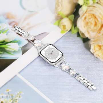 Wipalor Four-Leaf Clover Band for Apple Watch Bands 42mm 41mm 40mm 38mm, Lightweight for Women, Easy Adjustable Bracelet, Shiny Diamond Jewelry Metal Strap for iWatch Series 10 9 8 7 6 5 4 3 SE-Silver