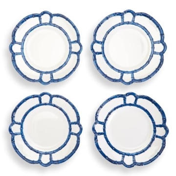 Two's Company 4-Pack Bamboo Rim Accent Kitchenware Set - Durable Melamine Plates with Elegant Blue R...