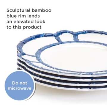 Two's Company 4-Pack Bamboo Rim Accent Kitchenware Set - Durable Melamine Plates with Elegant Blue Rim, Dishwasher Safe, Perfect for Parties & BBQs