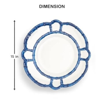 Two's Company 4-Pack Bamboo Rim Accent Kitchenware Set - Durable Melamine Plates with Elegant Blue Rim, Dishwasher Safe, Perfect for Parties & BBQs