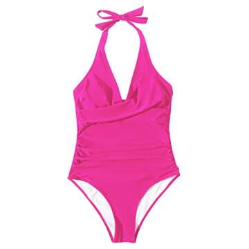 SUUKSESS Women Sexy Tummy Control One Piece Swimsuits Halter Push Up Monokini Bathing Suits (Hot Pink, M)