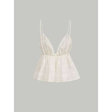 Verdusa Women's Peplum Crop Top Tie Front V Neck Spaghetti Strap Flared Cami Top Beige XS