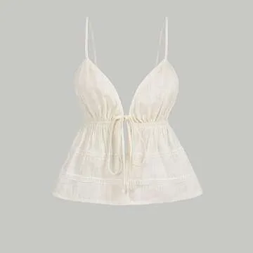 Verdusa Women's Peplum Crop Top Tie Front V Neck Spaghetti Strap Flared Cami Top Beige XS