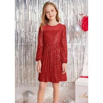 Danna Belle Girls Glitter Party Dress Sequin Formal Pageant Birthday Long Sleeve Graduation Dress Size 8-10 Red