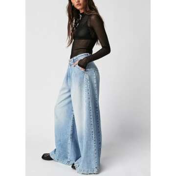 chouyatou Women's Boyfriend Denim Cargo Pants Y2K Baggy Wide Leg Casual Dressy Jeans Culottes (Small...