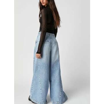 chouyatou Women's Boyfriend Denim Cargo Pants Y2K Baggy Wide Leg Casual Dressy Jeans Culottes (Small, Light Blue)