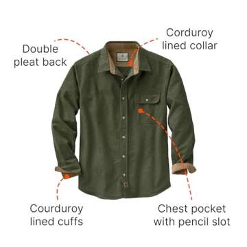 Legendary Whitetails Men's Standard Buck Camp Flannel, Long Sleeve Plaid Button Down Casual Shirt, Corduroy Cuffs, Army, X-Large