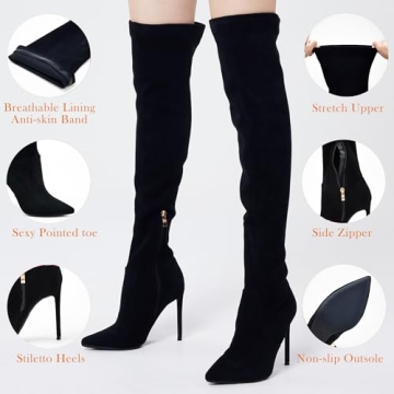 GENSHUO Stylish OTK Boots in Black Suede for Women