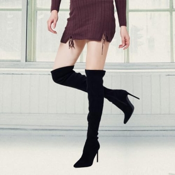 GENSHUO Stylish OTK Boots in Black Suede for Women