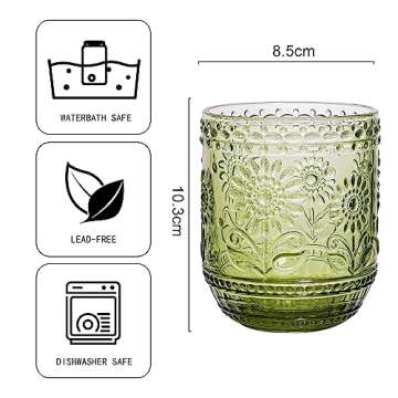 Galssmagic Vintage Textured Sage Green Drinking Glasses Set of 4,12 oz Cocktail Water Tumblers Glass...