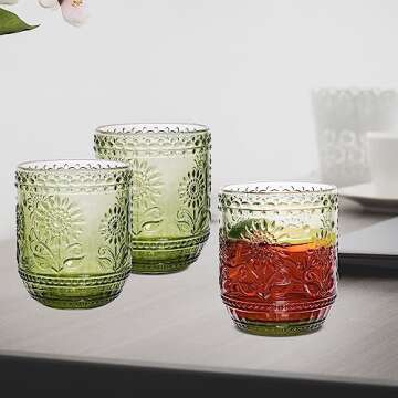 Vintage Textured Green Drinking Glasses Set of 4 12 oz