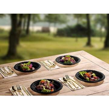 Munfix 100 Plastic Plates Set - 9 Inch Plastic Dinner Plates, Disposable Plates Bulk Pack, Party Plates for BBQ, Picnic, Parties, Travel and Events, Microwavable Recyclable (Black)