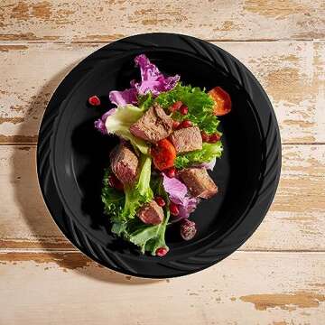 Munfix 100 Plastic Plates Set - 9 Inch Plastic Dinner Plates, Disposable Plates Bulk Pack, Party Plates for BBQ, Picnic, Parties, Travel and Events, Microwavable Recyclable (Black)