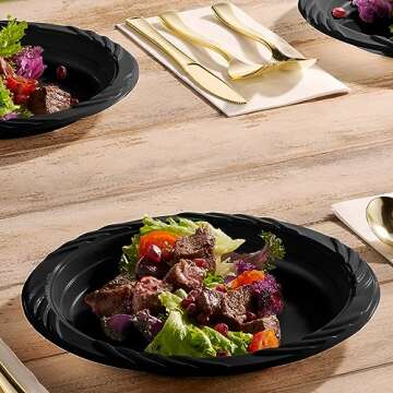 Munfix 100 Plastic Plates Set - 9 Inch Plastic Dinner Plates, Disposable Plates Bulk Pack, Party Plates for BBQ, Picnic, Parties, Travel and Events, Microwavable Recyclable (Black)