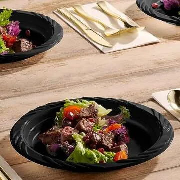 Munfix 100 Plastic Plates Set - 9 Inch Plastic Dinner Plates, Disposable Plates Bulk Pack, Party Plates for BBQ, Picnic, Parties, Travel and Events, Microwavable Recyclable (Black)