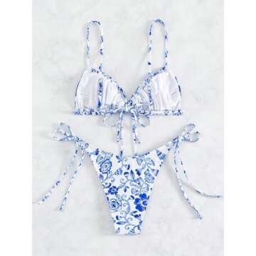 Floerns Women's 2 Piece Boho Floral Print Frilled Knot Front Bra and Tie Side Thongs Bikini Set Blue...
