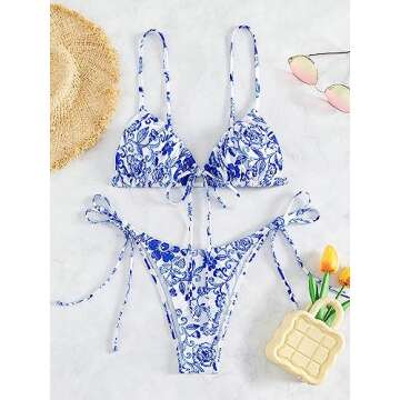 Floerns Women's 2 Piece Boho Floral Print Frilled Knot Front Bra and Tie Side Thongs Bikini Set Blue and White Medium