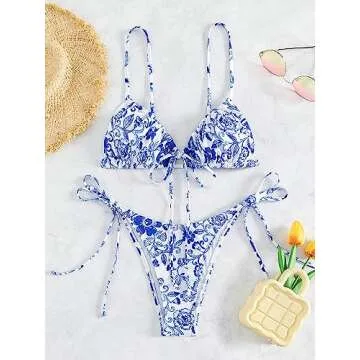 Floerns Women's 2 Piece Boho Floral Print Frilled Knot Front Bra and Tie Side Thongs Bikini Set Blue and White Medium