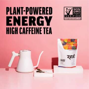 Zest 135mg High Caffeine Energy Loose Leaf Blend - Superberry Samba Green Tea - 4 Oz - Hot or Iced - All Natural Strong Flavored Healthy Coffee Highly Caffeinated Substitute - Perfect for Keto Diet