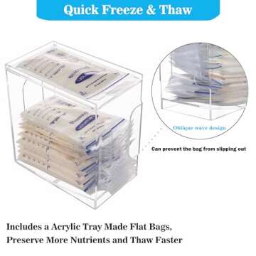 Heyrelda Freezer Storage Organizer for Breast Milk Storage Bags, Freezer Organizer and Tower for Breastmilk Storage Bags, Acrylic First-in First-Out Container with Tray to Freezing Breastmilk, Clear