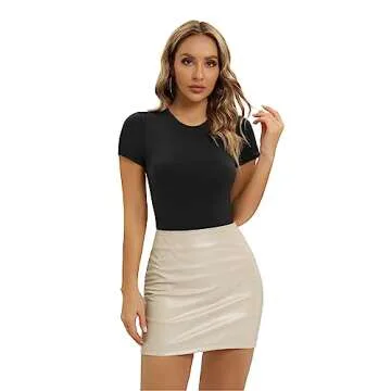 SHAPERX Fit everybody T-shirt Bodysuit Tops for Women Second-skin Feel Crew Neck Thong Body Suits, SZ5292-Black-XS