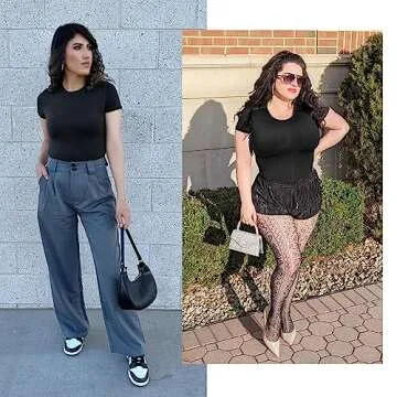 SHAPERX Fit everybody T-shirt Bodysuit Tops for Women Second-skin Feel Crew Neck Thong Body Suits, SZ5292-Black-XS