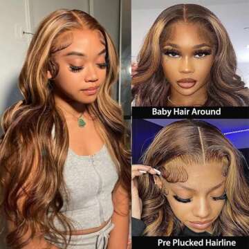WOWQUEEN Ombre Lace Front Wig Human Hair 4/27 Highlight Honey Blonde 13x4 HD Transparent Lace Front ...