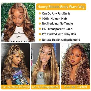WOWQUEEN Ombre Lace Front Wig Human Hair 4/27 Highlight Honey Blonde 13x4 HD Transparent Lace Front Wigs Human Hair Pre Plucked Colored Glueless Body Wave Frontal Wigs for Women 180% Density 26 Inch