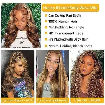WOWQUEEN Ombre Lace Front Wig Human Hair 4/27 Highlight Honey Blonde 13x4 HD Transparent Lace Front Wigs Human Hair Pre Plucked Colored Glueless Body Wave Frontal Wigs for Women 180% Density 26 Inch