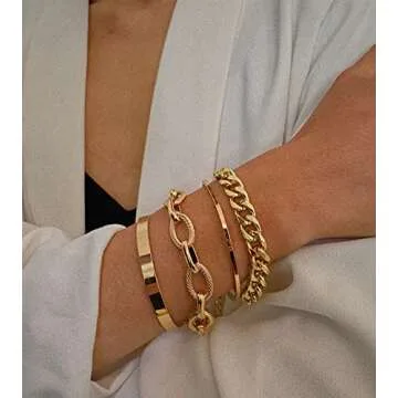 Kercisbeauty 4pcs Women Gold Cuff Link Bracelet Set