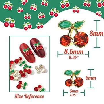 qiipii 40 Pcs 3D Cherry Nail Charms Nail Rhinestones Nail Art Shiny Nail Gems Nail Glitter Studs Cute Fruit Nail Slices Diamond Crystal for Women Jewelry Making Crafts DIY Manicure(Red Gold, 6mm/8mm)
