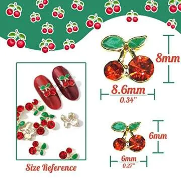 qiipii 40 Pcs 3D Cherry Nail Charms Nail Rhinestones Nail Art Shiny Nail Gems Nail Glitter Studs Cute Fruit Nail Slices Diamond Crystal for Women Jewelry Making Crafts DIY Manicure(Red Gold, 6mm/8mm)