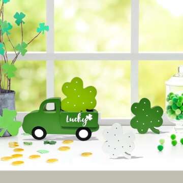 St Patricks Day Decorations Tabletop Sign - Wooden Lucky Truck & Shamrock Centerpieces for Table - S...