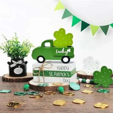 St Patricks Day Decorations Tabletop Sign - Wooden Lucky Truck & Shamrock Centerpieces for Table - St Patrick's Day Tiered Tray Decor for Home