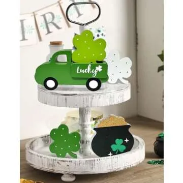 St Patricks Day Decorations Tabletop Sign - Wooden Lucky Truck & Shamrock Centerpieces for Table - St Patrick's Day Tiered Tray Decor for Home