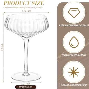 Yaomiao 8 Pieces 10 oz Ribbed Coupe Cocktail Glasses Vintage Champagne Glasses Martini Glassware Rib...