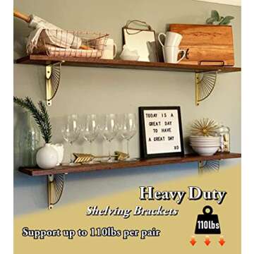 Z METNAL Decorative Shelf Brackets, Brass Metal Shelves Bracket, Wall Decor, Modern Shelving Bracket for DIY Floating Shelves,Gold,8 inch,2 Pcs