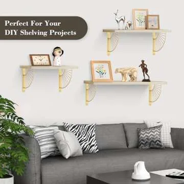 Z METNAL Decorative Shelf Brackets, Brass Metal Shelves Bracket, Wall Decor, Modern Shelving Bracket for DIY Floating Shelves,Gold,8 inch,2 Pcs