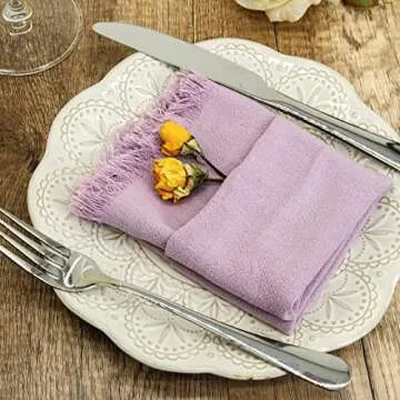 Dololoo Handmade Cloth Napkins with Fringe,18 x 18 Inches Cotton Linen Napkins Set of 4 Versatile Handmade Square Rustic Fringe Napkins for Dinner, Wedding and Parties, Lavender
