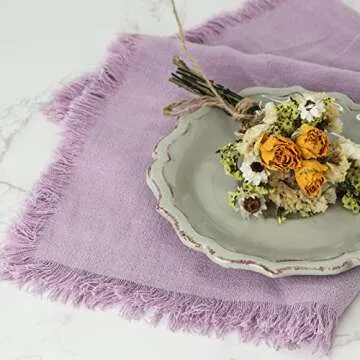 Dololoo Handmade Cloth Napkins with Fringe,18 x 18 Inches Cotton Linen Napkins Set of 4 Versatile Handmade Square Rustic Fringe Napkins for Dinner, Wedding and Parties, Lavender