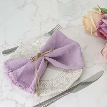 Dololoo Handmade Cloth Napkins with Fringe,18 x 18 Inches Cotton Linen Napkins Set of 4 Versatile Handmade Square Rustic Fringe Napkins for Dinner, Wedding and Parties, Lavender