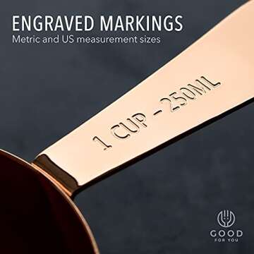 9 Piece Copper Stainless Steel Measuring Cups and Spoons Set with Engraved Measurements & Mirror Polished for Dry, Liquid Ingredients, Cooking & Baking